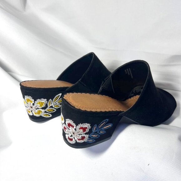 Restricted Women's Slip On Block 2 1/2" Heels-Black Floral Embroidered-Open Toe - Picture 8 of 16